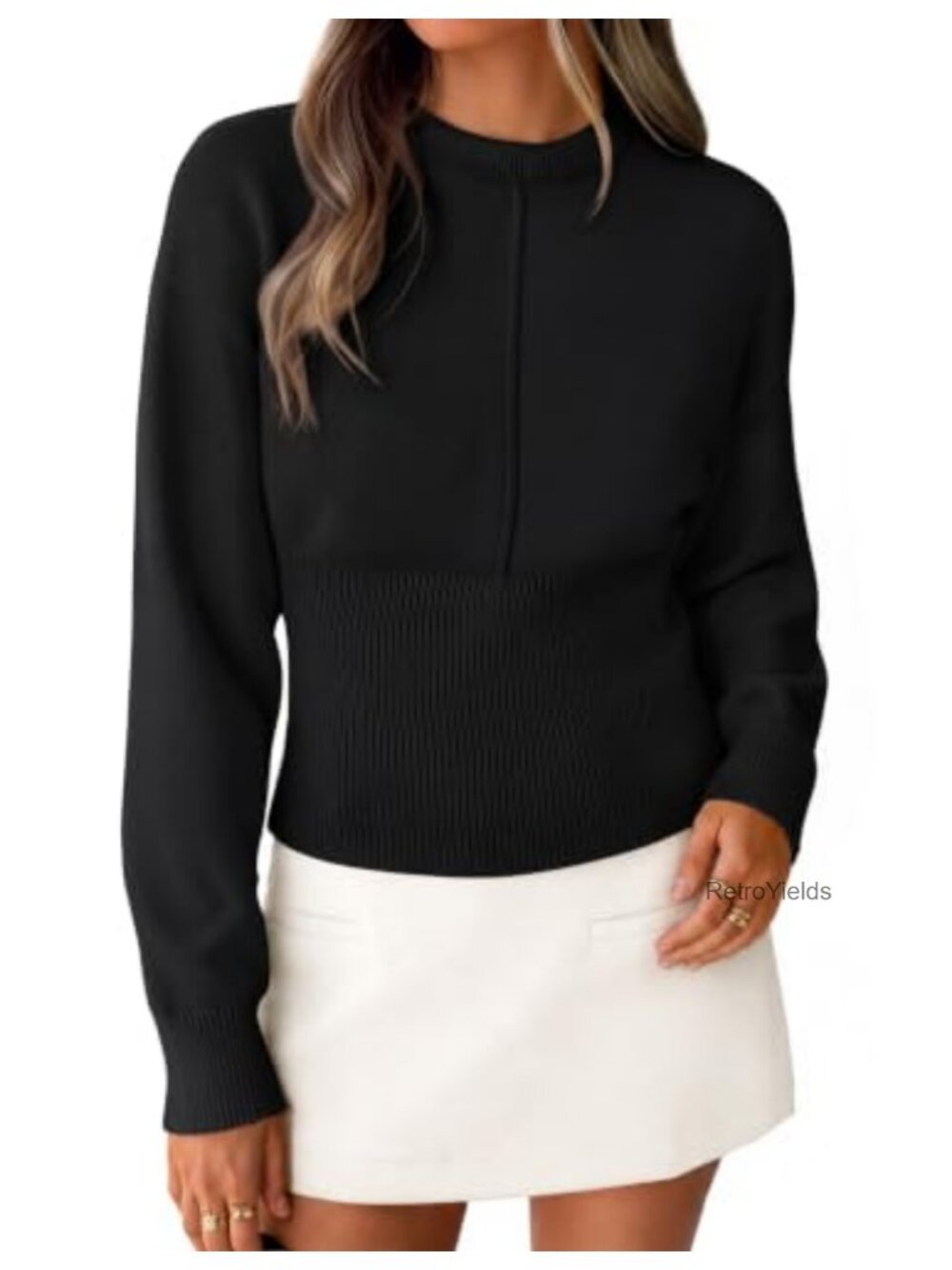Ribbed Knit Cinched Waist Crewneck Pullover Sweater